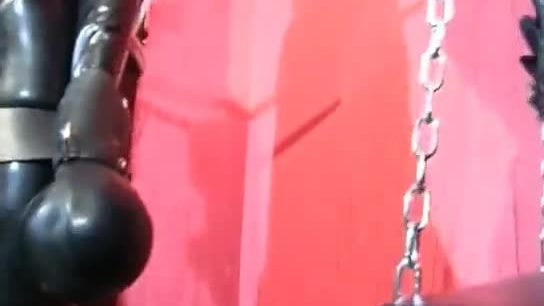 Dirty brunette in latex gets bonded